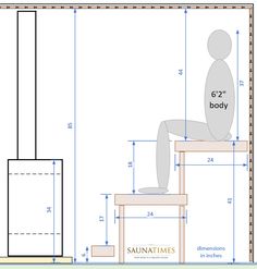 a drawing of a person sitting on a bench with measurements for the seat and back