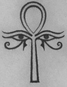 an egyptian cross with two eyes in the middle and one eye at the bottom, on a white background