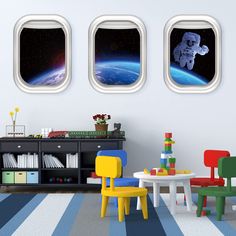 PRICES MAY VARY. MATERIAL: High-quality PVC transparent film production, waterproof, durable. SIZE: W16”×H22”/ W41cm×H56cm. Picture for reference only. EASY TO USE: Just peel and stick, the 3D space astronaut wall stickers can be apply to any smooth, flat, dry surface. With no damage to the wall. WINDOW VIEW DESIGN: The outer space wall sticker has realistic patterns and rich and colorful space elements. It can satisfy the children's understanding of space when you put it on the wall. The outer Outer Space Room, Kids Mural, Space Wall Decals, 3d Wall Decals, Fake Window, Science Stickers, Galaxy Planets, Space Capsule, 3d Space