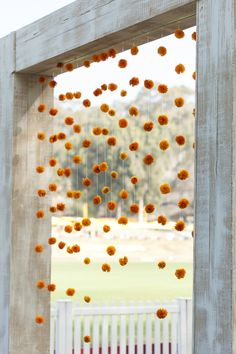 an open window with orange flowers hanging from it's sides and a white picket fence in the background