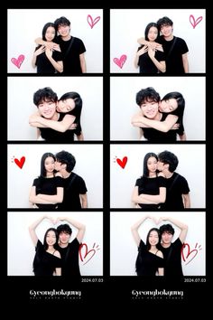 two people hugging each other with hearts drawn on the wall behind them in this collage