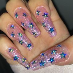 Clear Glitter Nails, Neon Stars, Stars Nails, Makeup Nails Designs, Edgy Nails, Grunge Nails, Ballerina Nails