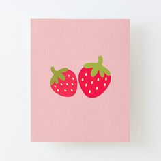 two strawberries on a pink background with green leaves and red berries painted on it