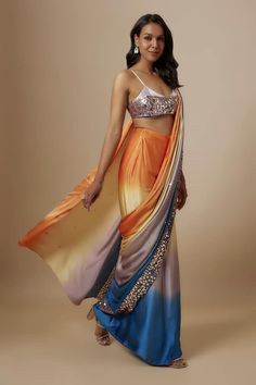 Multi colored sunset ombre saree with sequin hand embroidery. Comes with lilac sequin work blouse. - Aza Fashions Summer Multicolor Pre-draped Traditional Saree, Fusion Style Multicolor Pre-draped Saree For Diwali, Summer Multicolor Georgette Pre-draped Saree, Summer Party Multicolor Pre-draped Saree, Fusion Style Multicolor Pre-draped Saree With Dupatta, Fusion Multicolor Pre-draped Saree With Dupatta, Fusion Style Pre-draped Saree For Navratri, Multicolor Fusion Style Pre-draped Saree With Dupatta, Fusion Style Multicolor Silk Pre-draped Saree