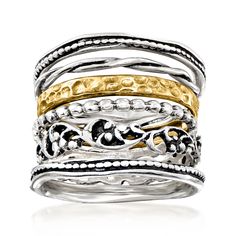 Ross-Simons - Silver, 18kt Gold Over Jewelry Set: Six Textured Rings. Size 5. Mix and match this contemporary ring stack! The set of six features five oxidized sterling silver bands and one 18kt yellow gold over sterling silver with intricated textured and polished details. 5/8" wide. 18kt gold over sterling and sterling silver ring set. Silver Bands, Sterling Silver Rings Set, Silver Ring Set, Contemporary Ring, Ring Stack, Textured Ring, Jewelry Essentials, Sterling Jewelry, Oxidized Sterling Silver