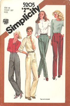 three women's pants and one woman's blouse are shown in this sewing pattern