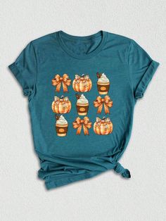 Deep Teal Heather Casual Collar manga corta Algodón Animal,Dibujos animados,Color combinado,Figuras,Geométrico,Gráfico,Halloween,Letras,A rayas,Plantas,Estampado en Textura  Embellished Bow Pumpkin, Fall Coquette, Halloween Letras, Pumpkin Spice Shirt, Pumpkin Sweatshirt, Bow Shirt, Bow Shirts, Cat Lover Shirt, Fall Theme