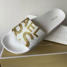 Brand New! Questions? Leave A Comment Below! Michael Kors White Sandals For Spring, White Michael Kors Sandals For Spring, Trendy Flat Michael Kors Sandals, Trendy Michael Kors Flat Sandals, Trendy Michael Kors Open Toe Sandals, Trendy White Slide Sandals, Michael Kors Gold Sandals For Beach, Michael Kors Shoes, Slide Sandals