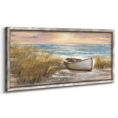 a painting of a boat on the beach with grass and water in the foreground