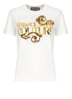 100% Cotton Luxury Monogram Print Crew Neck T-shirt, Luxury Gold Short Sleeve Tops, Designer Graphic Print T-shirt For Spring, Luxury Crew Neck Tops For Spring, Summer Monogram Print Tops, Spring Gold Graphic Print T-shirt, Luxury Graphic Print Tops For Summer, Luxury Gold Top With Graphic Print, Luxury Gold Tops With Graphic Print