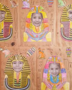 four egyptian children's drawings on brown paper with pictures of pharaohs and cats