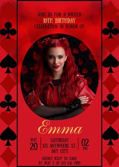 an image of a woman with red hair and makeup on her face, in front of playing cards