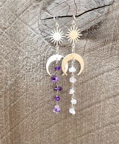 🌙Gorgeous dainty crystal dangle earrings with a little boho witchy twist of moon and/or sun charm. All natural raw chip crystals in unique shape in beautiful colors that will compliment any outfits and turn heads. ☀️Simple, Dainty, Delicate, Elegant and Romantic. The picture does not do its justice the piece is so much prettier in person. Perfect for birthday, Christmas, mother's day, bridesmaid gifts, anniversary, and any holidays. Silver plated Gold plated Sterling Silver 14k Gold filled Draw Moonstone Crystal Dangle Earrings, Silver Celestial Gemstone Earrings, Sterling Silver Spiritual Earrings With Moon Charm, Spiritual Sterling Silver Earrings With Moon Charm, Celestial Gemstone Drop Earrings, Celestial Dangle Crystal Earrings, Mystical Moon Charm Dangle Earrings, Mystical Sterling Silver Moon Charm Earrings, Mystical Sterling Silver Dangle Jewelry