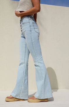 Light Blue Button Stretch High Waisted Flare Jeans Flare Jeans Light Wash, 2024 Clothes, Jeans Pacsun, High Waisted Flare Jeans, Light Flare, Shop Light, High Waisted Flares, Stretchy Jeans, Light Blue Jeans