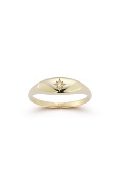 A starburst centered with a round-cut diamond tops a signet ring shaped from warm 14-karat gold. Total diamond weight: 0.01ct. 14k gold/diamond Made in Turkey Diamond Guide 14k Gold Signet Ring With Single Diamond, Classic Tarnish Resistant Diamond Ring, Classic Star-shaped Jewelry With Single Diamond, Formal Star-shaped Single Diamond Jewelry, Classic Star Shaped Signet Ring With Polished Finish, Star-shaped Signet Ring With Polished Finish For Anniversary, Classic 14k Gold Star Shaped Signet Ring, Star Shaped Signet Ring With Polished Finish For Anniversary, Classic Star-shaped Signet Ring With Polished Finish