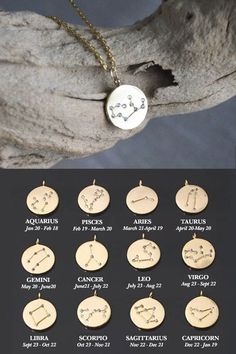 the zodiac sign necklace is shown in different sizes and font, along with other zodiac symbols