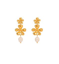 two pairs of gold earrings with pearls and flowers on the front, one is white