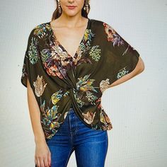 Olive Color, Umgee New With Tags, Floral Print, Twisted Reversible To Front Or Back, Polyester, Hang To Dry Versatile Multicolor Tops For Spring, Versatile Floral Print V-neck Tops, Versatile V-neck Tops With Floral Print, Versatile V-neck Top With Floral Print, Green Fall Vacation Tops, Versatile Green Tops For Beach, Versatile Floral Print Tops For Day Out, Reversible Top, Boho Tunic Tops