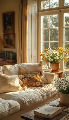 a living room filled with lots of furniture and flowers on top of a coffee table