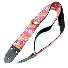 a lanyard strap that has a pink flower design on it and black metal clip