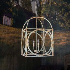 a white chandelier hanging from the ceiling in front of a field with trees