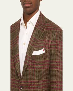 Kiton sport coat in twotone woven plaid    Singlebreasted silhouette; 3 rolled to 2 buttons    Notched lapels    Chest welt pocket    Side patch pockets    Unfinished sleeves      Doublevented back    Cashmere/virgin wool/silk    Made in Italy Tailored Plaid Blazer With Patch Pockets, Tailored Plaid Suit With Pockets, Semi-formal Plaid Sport Coat With Welt Pockets, Tailored Plaid Tweed Jacket With Patch Pockets, Plaid Blazer With Lapel Collar And Welt Pockets, Plaid Blazer With Welt Pockets And Lapel Collar, Plaid Tweed Jacket With Welt Pockets And Notch Lapel, Formal Plaid Outerwear With Pockets, Semi-formal Plaid Tweed Jacket With Concealed Placket