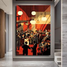 an art print of a band playing in a bar