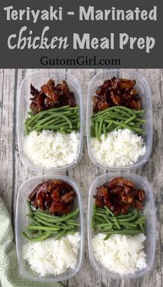 teriyaki marinated chicken meal prepped in plastic containers with rice and green beans