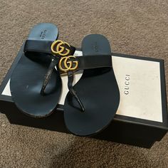 Used Gucci Sandals 38.5 I Wear A Size 8 For Reference Gucci Sandals With Branded Heel Counter For Beach, Gucci Flat Sandals With Removable Insole, Gucci Black Sandals With Single Toe Strap, Gucci Flat Sandals With Leather Sole, Gucci Designer Sandals With Single Toe Strap, Chic Gucci Sandals With Single Toe Strap, Designer Gucci Sandals With Single Toe Strap, Gucci Sandals For The Beach, Gucci Leather Flat Sandals