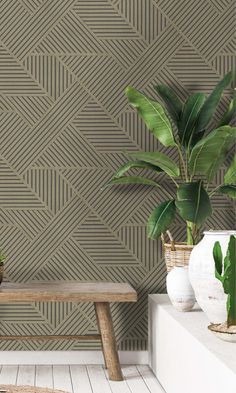 Dark brown natural wood wallpaper Look Wallpaper, Feature Wallpaper, Stripes Wallpaper, Beige Wallpaper, Wallpaper Modern, Striped Wallpaper, Wooden Slats, Wooden Dining Tables, Modern Wallpaper