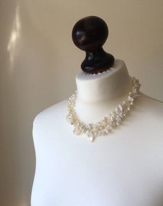 Wedding Jewelry Crochet Statement Necklace Pearls by ReddApple Bohemian Beaded Choker Necklace For Wedding, Adjustable Bohemian Pearl White Pearl Necklace, Bohemian Pearl Charm Wedding Jewelry, Handmade White Crystal Wedding Necklaces, Bohemian Pearl Charm Jewelry For Wedding, Bohemian Wedding Jewelry With Pearl Charm, Handmade White Crystal Necklace For Wedding, Handmade White Crystal Necklaces For Wedding, Bohemian Multi-strand Wedding Necklaces