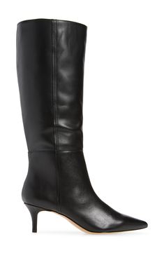 A pointy toe and slim heel sharpen the silhouette of a knee-high boot that makes casual and night-out ensembles more sleek. 2 1/2" heel (size 8.5) 15" shaft; 15 1/4" regular calf circumference 16 1/2" wide calf circumference Leather upper/synthetic lining/rubber sole Imported Narrow Calf Boots, Nordstrom Women, Tall Boot, Wide Calf, Fabric Gift Bags, Calf Boots, Mid Calf Boots, Tall Boots, Black Fits