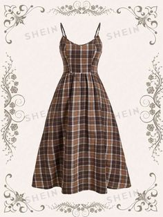 Style:Casual \nType:A Line \nHem Shaped:Flared \nWaist Line:High Waist \nSleeve Type:Raglan Sleeve \nNeckline:Stand Collar \nColor:Brown \nPattern Type:Colorblock \nPattern Type:Plaid \nSleeve Length:Sleeveless \nLength:Long \nFit Type:Slim Fit \nFabric:Non-Stretch \nMaterial:Woven Fabric \nComposition:75% Polyester \nComposition:20% Cotton \nComposition:5% Viscose \nCare Instructions:Machine wash or professional dry clean \nBody:Unlined \nSheer:No \n Plade Dress, Plaid Spaghetti Strap Dress, Spaghetti Strap Dress, Brown Dress, Strap Dress, Spaghetti Strap Dresses, Fall Dresses, Dress P, Plus Size Dresses