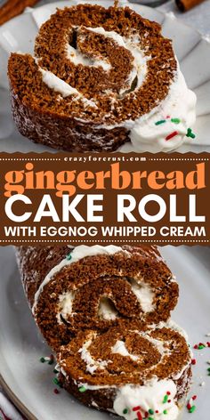 Indulge in the festive flavors of a Gingerbread Cake Roll with Eggnog Whipped Cream! This moist and soft cake roll blends the rich spices of gingerbread with creamy eggnog, making it a perfect choice for holiday baking recipes and Christmas dessert ideas. A sweet treat to make at home that’s full of Christmas spirit! Gingerbread Cake Roll, Gingerbread Roll, Spiced Whipped Cream, Whipped Cream Recipe, Cake Roll Recipes, Gingerbread Recipe, Gingerbread Cake, Pudding Desserts, Roll Cake