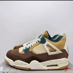 This Is A New Pair Of Nike Air Jordan 4 Retro Gs Sneakers In Cacao Brown And Teal Colorway. They Are Designed For Unisex Kids With A Us Shoe Size Of 7. The Sneakers Feature The Iconic Jordan Brand Logo And Are Part Of The Nike Air Product Line. They Come With The Original Box. Casual Air Jordan 4 Mid-top For Streetwear, Casual Mid-top Air Jordan 4 For Streetwear, Air Jordan 4 Casual High-top Sneakers For Streetwear, Casual Air Jordan 4 High-top For Streetwear, Casual Jordan Shoes With Gum Sole For Streetwear, Sporty Brown Lace-up Jordan Shoes, Brown Cushioned Slip-on Sneakers, Casual High-top Jordan Shoes For Outdoor, Casual Air Jordan 4 With Rubber Sole For Streetwear