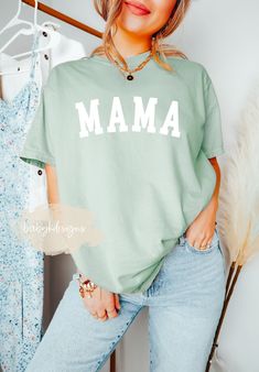 "Comfort Colors® Mama Shirt, Mom Shirt, Pregnancy Announcement, Mommy Shirt, Mama T-Shirt, Mom Life Shirt, Girl Mama, New Mom, Gift for Mom Perfect gift for a special MAMA in your life.  Perfect for new moms ♥ 📋 HOW TO ORDER: 1. Select the size 2. Select the color 3. Select the quantity  4. Add personalization if required 5.Add to Cart (\"buy now\" will take you directly to checkout and \"add to cart\" will allow you to continue shopping with us) 6. Submit order (Shipping will automatically be Gift Wishlist, Mommy Shirt, Heat Press Designs, Mommy Shirts, Shirt Girl, Mom Life Shirt, New Mom Gift, Mama Shirt, New Mom