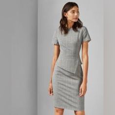 Brand New With Tags Ted Baker Women's Gray Check Peplum Tailored Dress European Size 1 Equates To Us Size Xxs-Xs (See Last Image For Actual Measurements) Gray A Stylish And Classic Dress With An Asymmetric Peplum Detail. This Tailored Design Zips Up At The Back For A Form-Flattering Finish. Ted Baker Womenswear Collection Round Neck Short Sleeved Asymmetric Peplum Midi Length Zip Fastening At Back Designer Work Dresses, Business Professional Outfits For Interview, Outfits For Interview, Womens Business Attire, Interview Outfits Women, Business Professional Outfits, Work Uniform, Ted Baker Dress, Functional Style