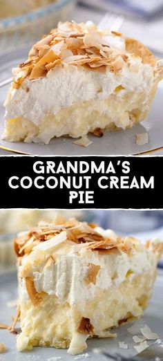 two pictures of a pie with coconut cream toppings on top and the same slice missing