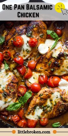 one pan balsamic chicken with tomatoes and mozzarella sauce in a skillet