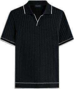 Black Collared Tops With Contrast Stripes, Black Polo Tops With Contrast Collar, Classic Collared Polo Sweater With Contrast Stripes, Fitted Black Polo Shirt With Striped Collar, Casual Polo Shirt With Johnny Collar And Contrast Trim, Casual Tops With Johnny Collar And Contrast Trim, Black Polo Collar Top With Contrast Trim, Casual Johnny Collar Top With Contrast Trim, Fitted Casual Polo Shirt With Contrast Trim