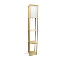 a tall gold metal shelf with a white square light on the top and two shelves below it