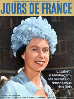 a magazine cover with a woman wearing a blue hat and pearls on her head, in french