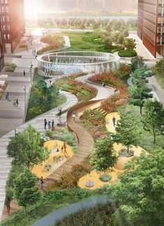 an artist's rendering of a park in the middle of a city with people walking around