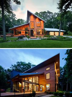 two different views of a house at night and in the day, one is lit up