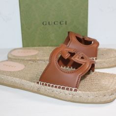 All Of My Items Are Guaranteed 100% Authentic You Are Looking At A Beautiful Designer Pair Of Sandals Made By Gucci Size 40.5 Heels .75" Leather Uppers And Accented With Cut Out Interlocking Ggs Brand New With Box, Gucci Cards And Dust Bag Designer Sandals With Round Toe And Rubber Sole, Gucci Sandals With Rubber Sole For Summer, Gucci Leather Sandals With Branded Heel Counter, Gucci Luxury Sandals With Leather Sole, Gucci Open Toe Calf Leather Sandals, Gucci Calf Leather Sandals For Summer, Gucci Summer Calf Leather Sandals, Gucci Calf Leather Open Toe Sandals, Gucci Sandals With Leather Sole For Summer