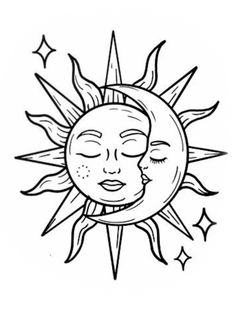 a drawing of the sun and moon with their faces closed in black ink on a white background