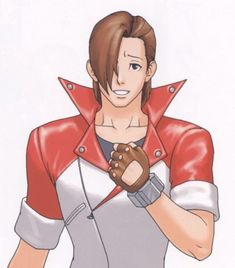 an anime character with brown hair and red jacket holding his hand out to the side