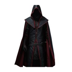 Step into the realm of medieval fantasy with our Handmade Black & Red Leather Medieval Hooded Cloak. Crafted with exquisite detail, this cloak is reminiscent of the iconic Gothic coat. Perfect for cosplay enthusiasts or themed events, it exudes timeless elegance and mysterious allure, ideal for channeling the enigmatic persona of a medieval rogue. Features: Quality Material: Made with premium black leather that is both tough and flexible, ensuring the cloak can withstand the rigors of cosplay ev Hooded Outerwear For Larp And Halloween, Hooded Medieval Outerwear For Halloween, Black Hooded Cosplay Costume, Medieval Festivals Black Cosplay Costume For Fantasy Events, Gothic Cosplay Costume For Fantasy Winter Events, Black Cosplay Costume For Medieval Festivals, Medieval Outerwear For Halloween Cosplay, Black Hooded Medieval Outerwear, Black Medieval Festival Cosplay Costume