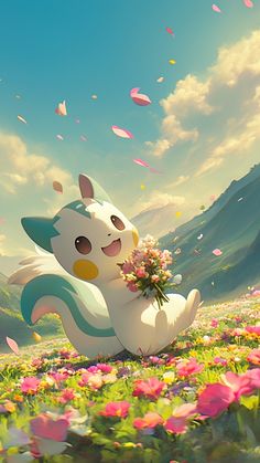 the pokemon is holding flowers in his hand while standing on its hind legs, with mountains and clouds in the background