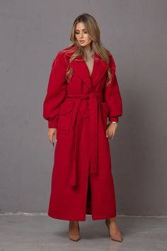 Vintage Inspired Solid Red Wool Coat With Bishop Sleeves Big - Etsy Bulgaria Winter Maxi, Winter Trench, Asymmetrical Coat, Red Wool Coat, Trendy Coat, Full Length Coat, Statement Jacket, Elegant Coats, Winter Trench Coat